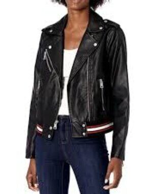 Romeo & Juliet Couture Black Leather Moto Jacket with Red & White Trim